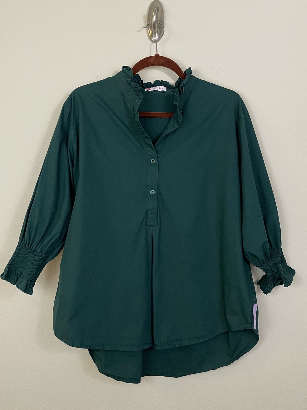Caryn Lawn Kimberly Ruffle Neck Popover Top Forest Green Size 1(0-4)